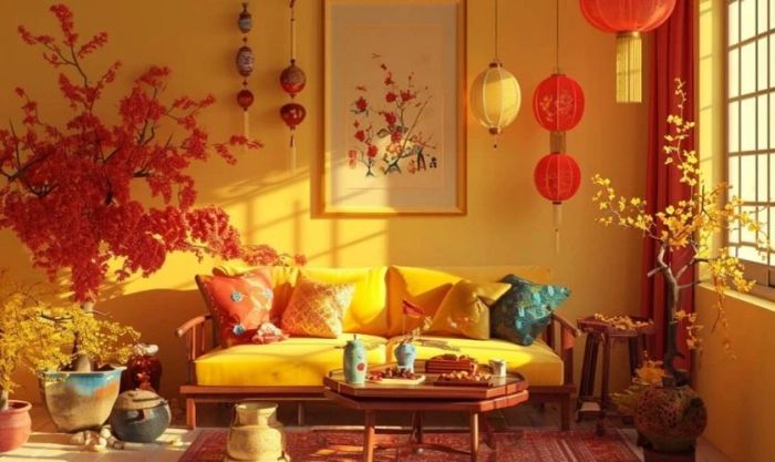 Hình nền Tết với cây mai vàng gắn liền với chủ đề gia đình