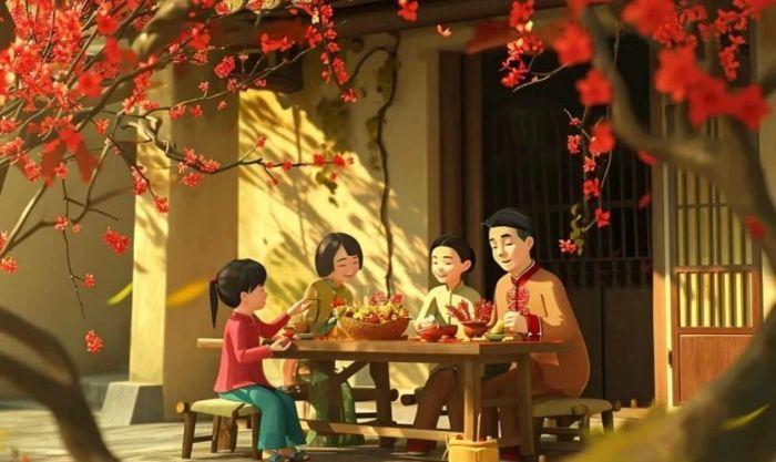 Hình ảnh gia đình đón Tết bên cây đào đỏ rực