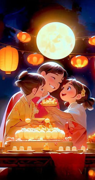 Bé vui đùa bên mẹ ngắm trăng và thưởng thức bánh
