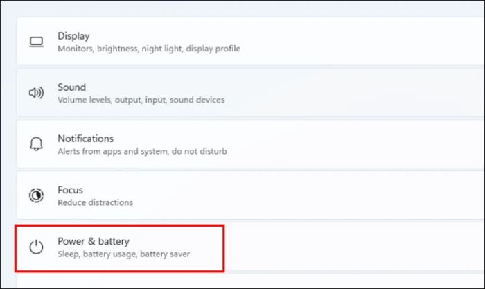 Chọn mục Power & battery