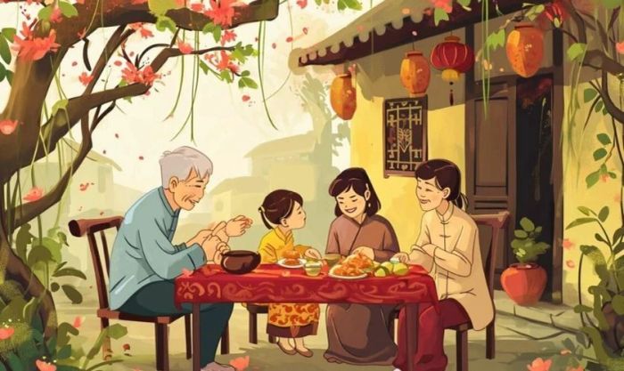 Background gia đình sum họp đón Tết bên cây đào dành cho máy tính