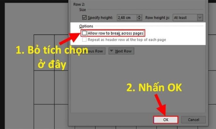 Tìm và bỏ chọn ô Allow row to break across pages