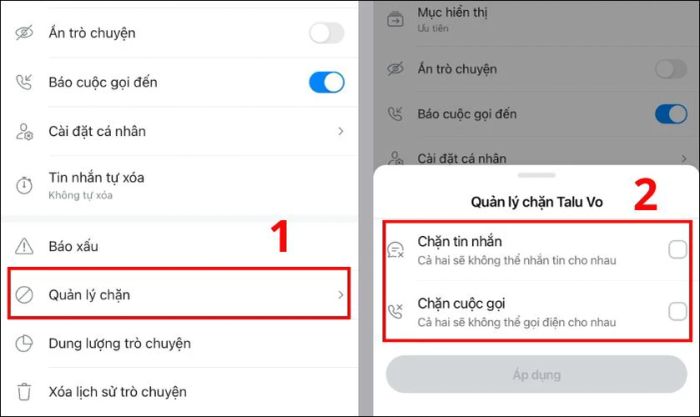 Đánh dấu vào Chặn tin nhắn và Chặn cuộc gọi, sau đó nhấn Áp dụng