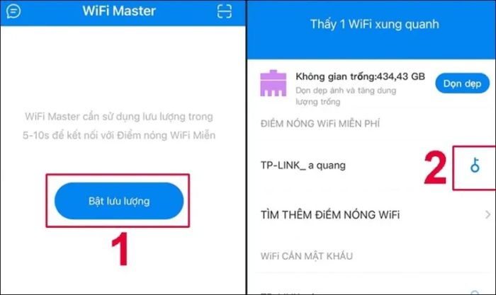 Nhấn vào Bật lưu lượng, ứng dụng sẽ tự động tìm kiếm các nguồn kết nối. Sau đó, tại điểm Wi-Fi bạn muốn kết nối, chọn biểu tượng chìa khóa