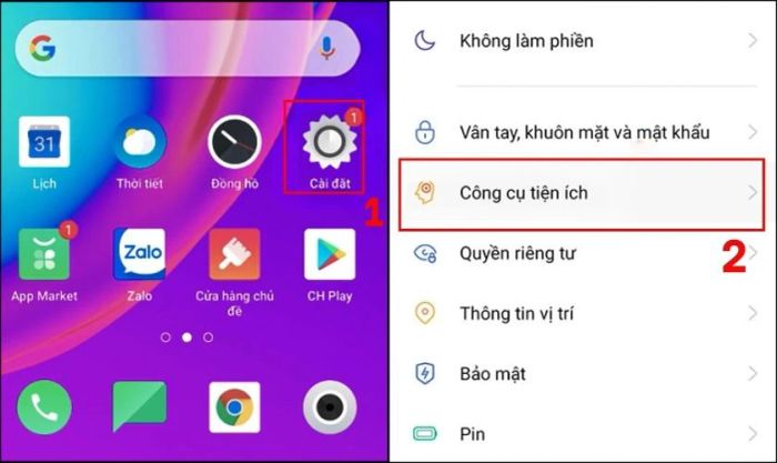 Truy cập vào Cài đặt và chọn mục Công cụ tiện ích