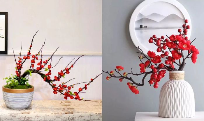 Cách cắm bình hoa đào giả ngày Tết theo phong cách đương đại
