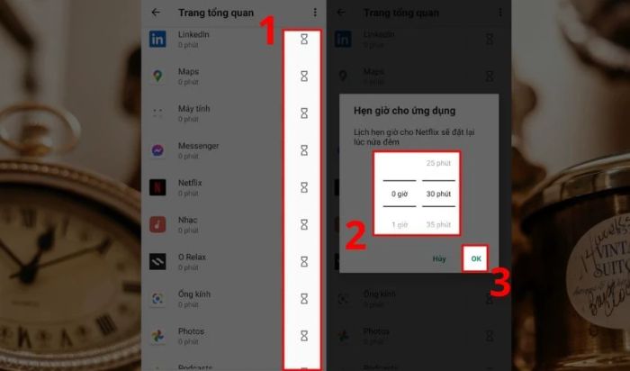 Nhấn vào biểu tượng đồng hồ cát kế bên ứng dụng cần giới hạn thời gian.