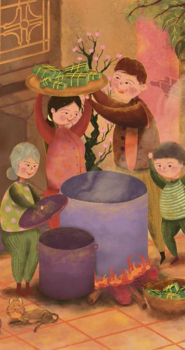 Gia đình quây quần cùng nhau nấu bánh Tết