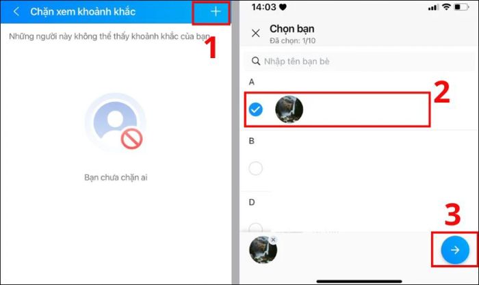 Chọn tên người bạn muốn chặn xem khoảnh khắc và nhấn vào biểu tượng mũi tên