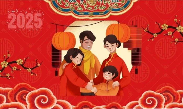 Hình nền Tết 2025 gia đình với màu đỏ tươi tắn và ấm áp