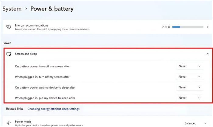 Chọn mục Screen & sleep và thay đổi tất cả các tùy chọn thành Never