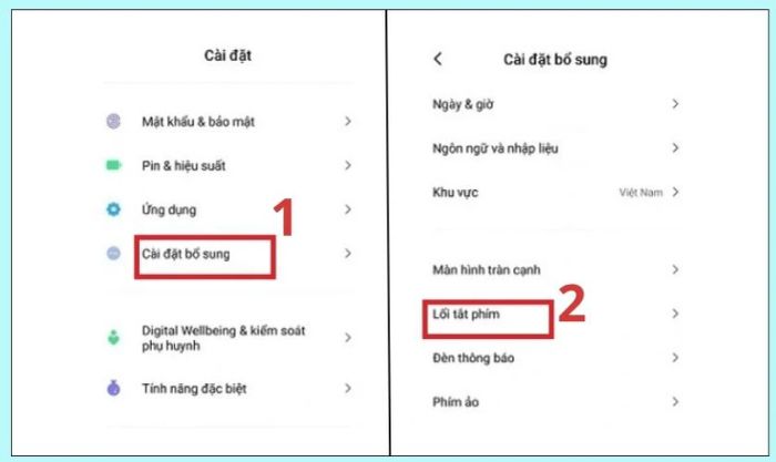 Nhấn chọn Lối tắt phím