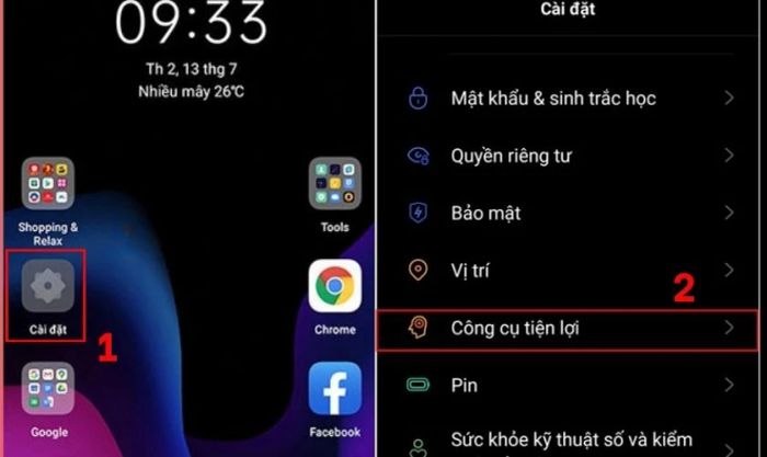 Chọn mục Công cụ tiện ích để thiết lập thanh công cụ