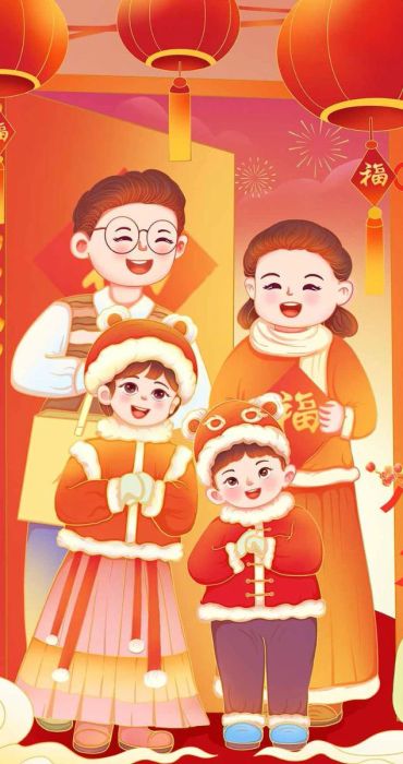 Hình nền gia đình chúc Tết theo phong cách Trung Hoa