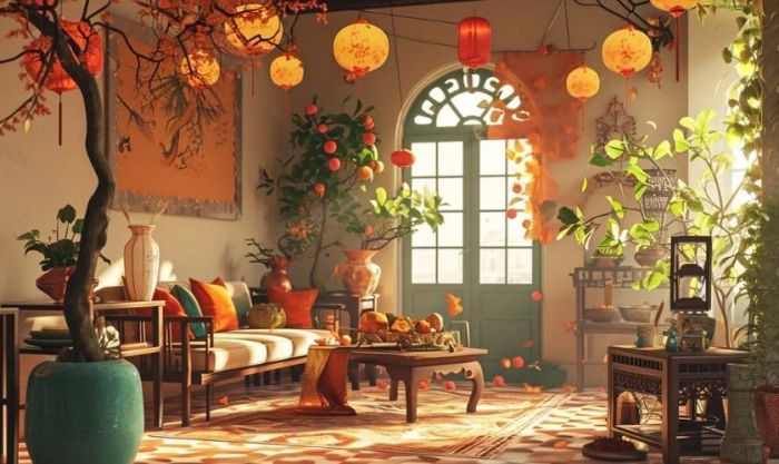 Ngôi nhà rực rỡ ngày Tết cùng cây đào trang trí