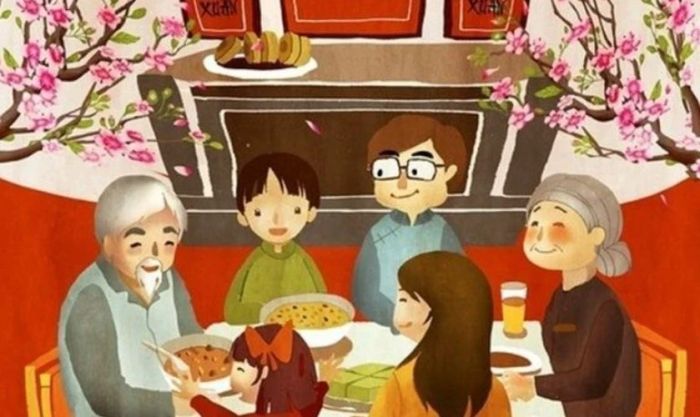 Hình nền gia đình đón Tết ấm cúng bên cây đào
