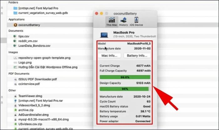 Lúc này, bạn có thể kiểm tra số lần sạc của MacBook qua ứng dụng.