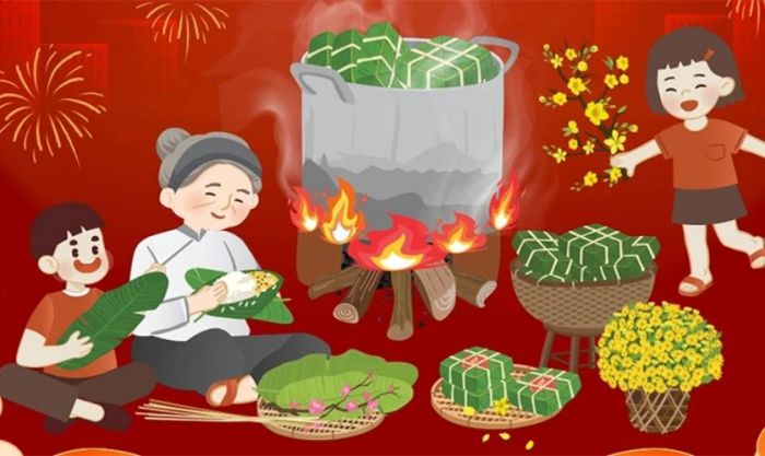 Bánh chưng xanh trên nền đỏ chuẩn không khí Tết cùng gia đình
