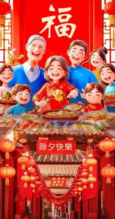 Hình nền gia đình đón Tết với tông màu đỏ rực rỡ