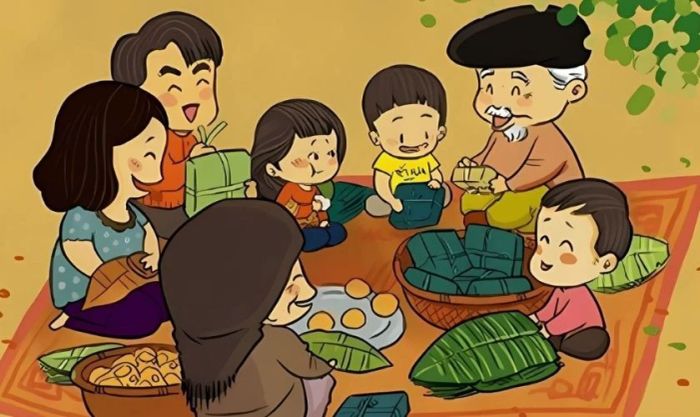 Gia đình cùng nhau gói bánh ngày Tết