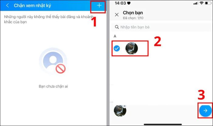 Chọn tên người bạn muốn chặn xem nhật ký và nhấn vào biểu tượng mũi tên