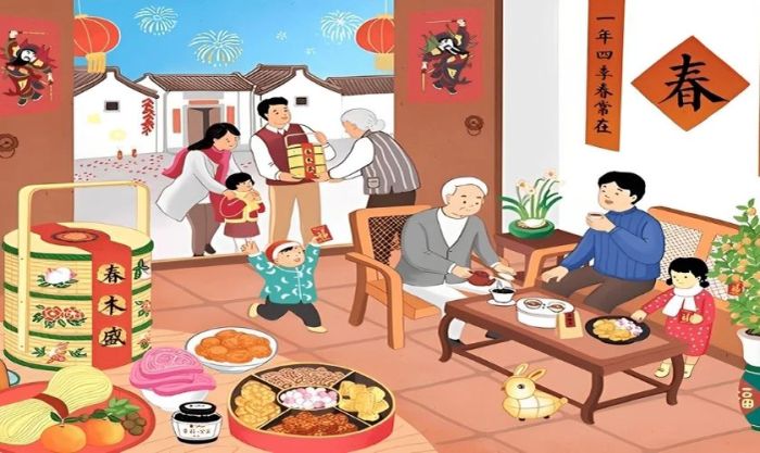 Bữa tiệc Tết thêm phần rộn ràng khi có khách đến chúc Tết