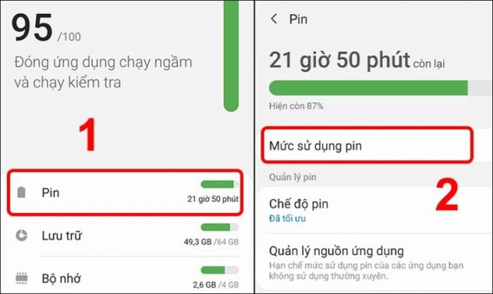 Nhấn vào Pin và chọn Mức sử dụng pin