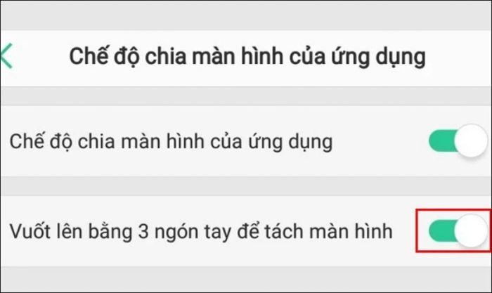Trong phần Chia đôi màn hình, hãy bật tính năng Vuốt lên bằng 3 ngón tay để chia màn hình