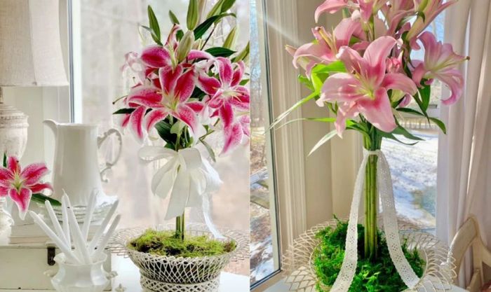 Cách cắm hoa ly ngày Tết theo dáng thẳng trong giỏ mây tre