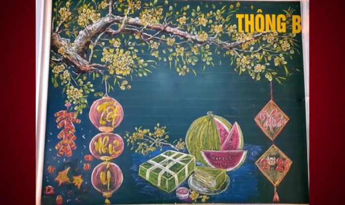Trang trí bảng Tết 2025 kết hợp câu đối đỏ và hoa mai