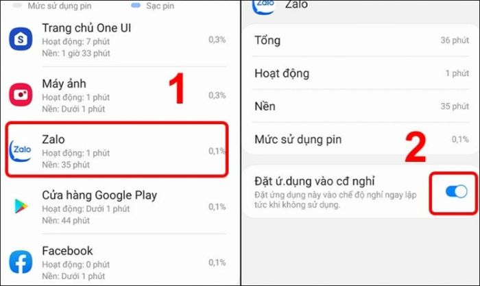 Chọn Ứng dụng mong muốn và kích hoạt tùy chọn Đặt ứng dụng vào chế độ nghỉ