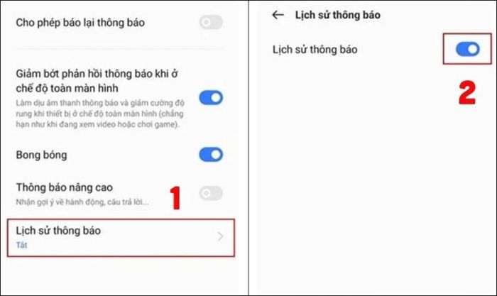 Tiếp theo, bạn chọn mục Lịch sử thông báo và kích hoạt tính năng Bật lịch sử thông báo