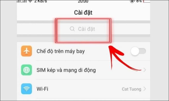 Bạn có thể nhấn vào biểu tượng kính lúp trong Cài đặt ở phía trên thanh ngang màn hình