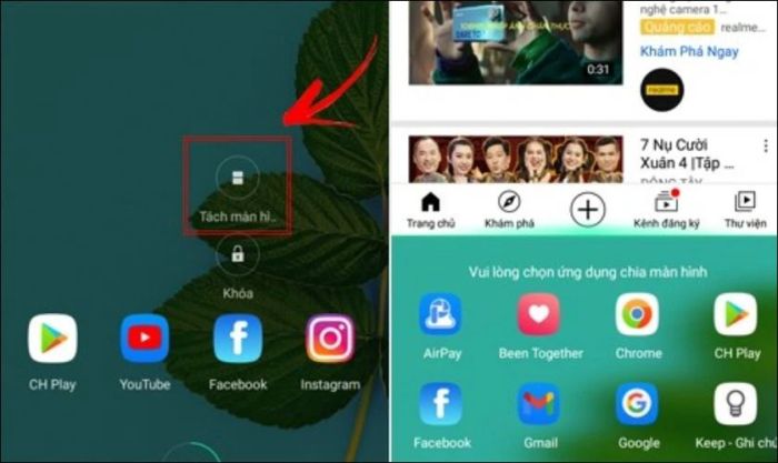 Sau đó, bạn nhấn giữ ứng dụng cần chia đôi màn hình và vuốt lên phía trên