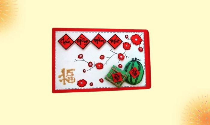 Mẫu thiệp chúc Tết năm 2025 với hình ảnh bánh chưng và dưa hấu