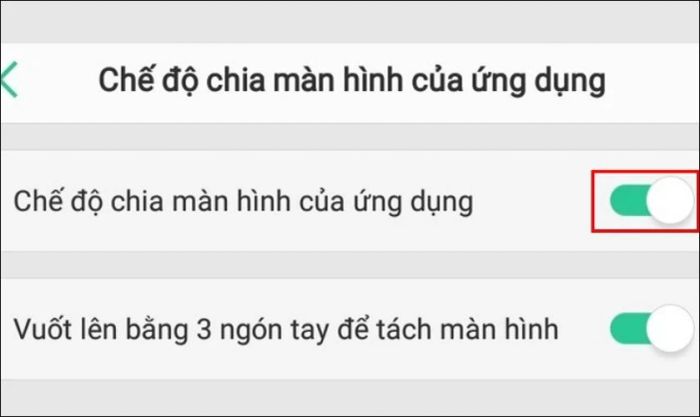 Trong phần Chia đôi màn hình, hãy bật Chế độ chia màn hình của ứng dụng