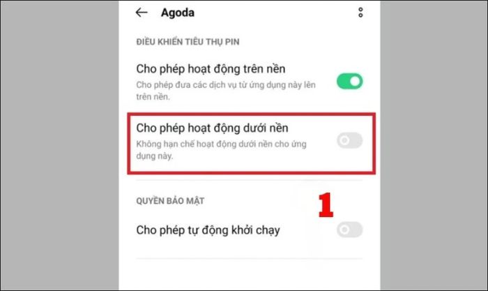 Hãy chọn ứng dụng bạn muốn ngừng hoạt động và nhấn vào tùy chọn tắt Cho phép chạy ngầm.