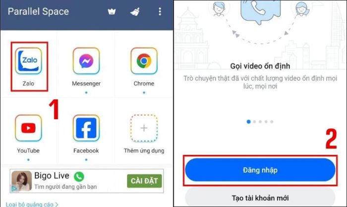 Nhấn chọn Zalo và đăng nhập vào tài khoản Zalo như thông thường