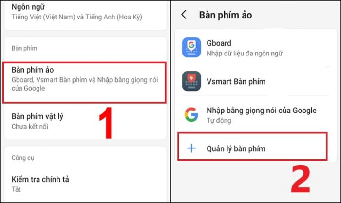 Chọn Bàn phím ảo rồi vào Quản lý bàn phím
