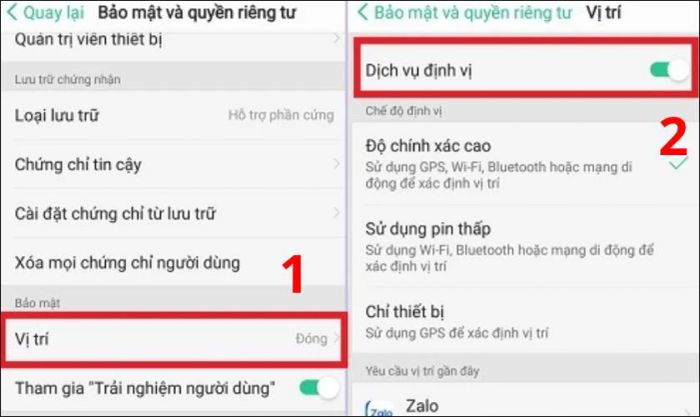 Tiếp theo, bạn hãy chọn mục Vị trí và kích hoạt bằng cách gạt nút Dịch vụ định vị sang bên phải