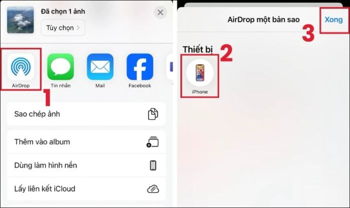 Chọn Airdrop để gửi ảnh sang một iPhone khác