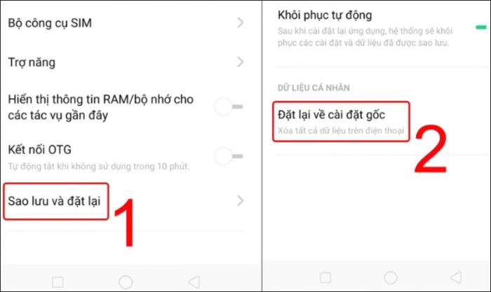 Nhấn chọn mục Đặt lại về cài đặt gốc