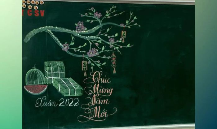 Mẫu vẽ trang trí bảng Tết 2025 cùng bánh chưng, bánh dày