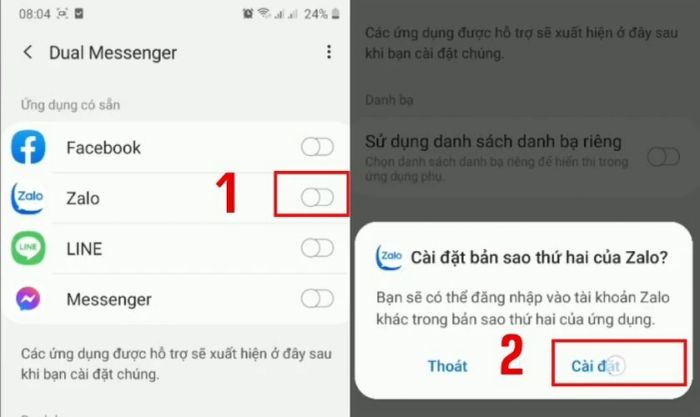 Nhấn chọn Cài đặt để hoàn tất việc thiết lập hai ứng dụng Zalo trên điện thoại của bạn