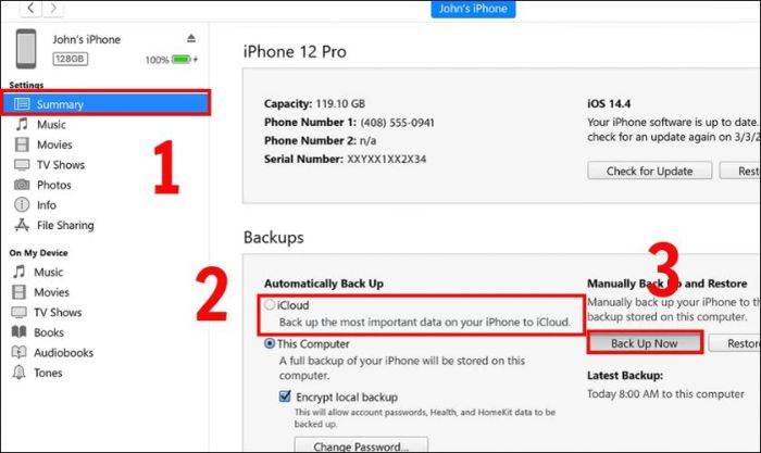 Chọn tab Summary, đặt iCloud làm vị trí sao lưu và nhấn vào Back up now để bắt đầu quá trình sao lưu.