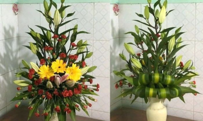 Cách cắm hoa ly ngày Tết kết hợp với hoa cẩm chướng