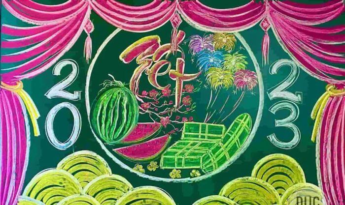 Gợi ý mẫu vẽ trang trí bảng Tết 2025 theo chủ đề pháo hoa
