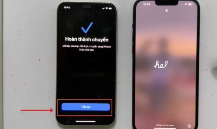Nhấn tiếp tục để hoàn thành việc chuyển dữ liệu từ iPhone cũ sang iPhone mới