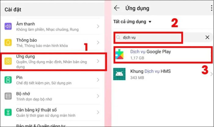 Tìm và chọn mục Dịch vụ Google Play