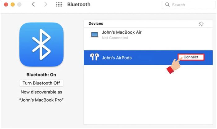 Chọn tên AirPods rồi nhấn Connect để kết nối thành công